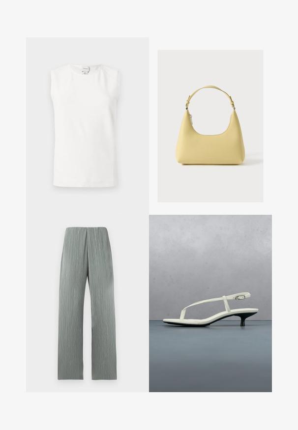 Haut blanc sans manches avec un col rond, étiquette Calvin Klein au niveau de la nuque, présenté sur un fond clair uni.; Pantalon large gris clair à taille haute avec des lignes texturées verticales, présenté sur un fond blanc uni.; Sandale blanche à talon kitten avec des lanières et un bout pointu, flottant au-dessus d'un sol en carrelage en bois en plein air avec un arrière-plan flou de plante et de mur.; Sac à main en cuir jaune avec une silhouette incurvée, une bandoulière courte réglable et un compartiment zippé. Présente un logo subtil à l'avant.