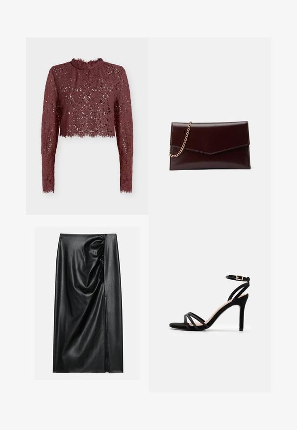 Crop top en dentelle bordeaux avec manches longues et col montant. Présente des motifs floraux, un ourlet festonné et une texture transparente.; Jupe en cuir noir avec une texture lisse, présentant une section froncée sur un côté et une fente sur le côté pour un détail supplémentaire.; Anna Field Sandales - black; Sac à main en cuir de couleur bordeaux foncé avec un design en forme d'enveloppe. Il dispose d'une anse en chaîne dorée, d'une texture lisse et d'une fermeture en pointe.