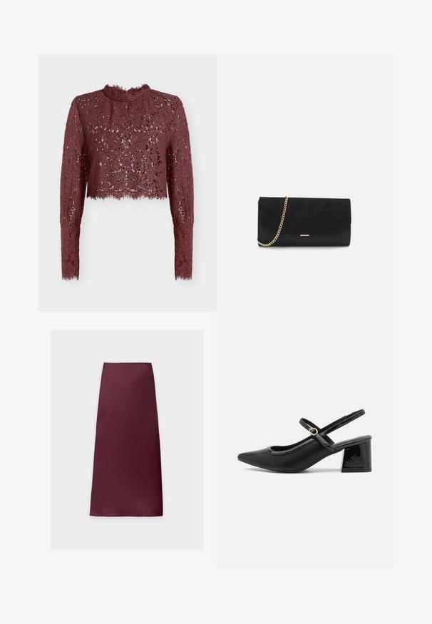 Crop top en dentelle bordeaux avec manches longues et col montant. Présente des motifs floraux, un ourlet festonné et une texture transparente.; Jupe midi droite de couleur bordeaux foncé unie, en tissu lisse sans motifs ni ornements visibles.; Escarpins slingback en cuir verni noir avec un embout pointu, un design à découpes arrondies et un talon carré. Présente un accent de boucle en ton doré.; Porte-monnaie noir en daim avec une finition texturée, doté d'une chaîne dorée et d'un design épuré et angulaire.