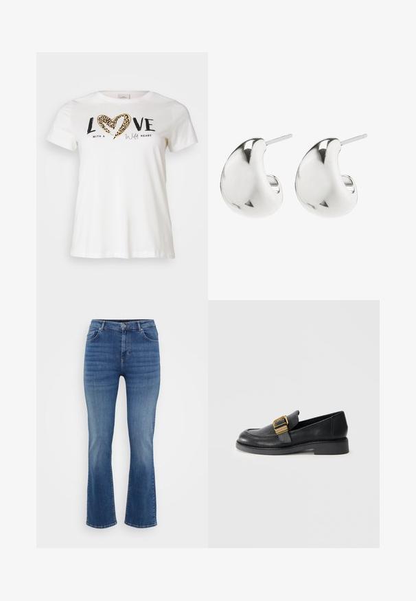 Hvid T-shirt med rund halsudskæring, prydet med "LOVE" i sort og et hjerte i leopardprint, accentueret med "with a wild heart" i kursiv.; ONLY Carmakoma Straight fit CARWILLY Mid waist - Jeans Straight Leg - dark blue denim; Sorte læder loafers med flad sål, der har en guld spændeaccent og stikninger langs kanterne. Glat tekstur.; Sølv stud øreringe med et glat, buet design. De har en poleret overflade og en stift, der sikrer sikker bæring.