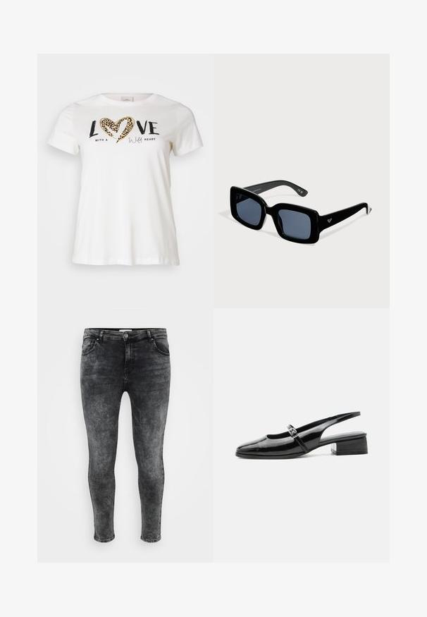 Hvid T-shirt med rund halsudskæring, prydet med "LOVE" i sort og et hjerte i leopardprint, accentueret med "with a wild heart" i kursiv.; ONLY Carmakoma CARRUSH MID WAIST - Jeans Skinny Fit - grey denim; Sort laklæderslingback-sko med lav blokhæl og tynd rem med sølvspænde over toppen.; Sorte solbriller med firkantet stel, mørke linser og en lille logo på stangen, vist på en ensartet lys baggrund.
