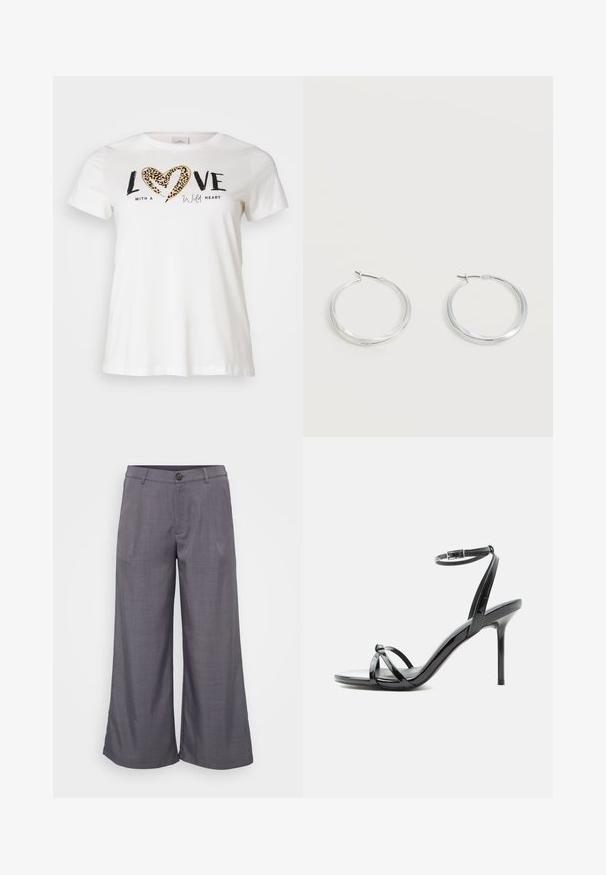 Hvid T-shirt med rund halsudskæring, prydet med "LOVE" i sort og et hjerte i leopardprint, accentueret med "with a wild heart" i kursiv.; Grå vide benbukser lavet af glat stof, med en front knaplukning, læg og en afslappet pasform ned til anklerne.; Sort laklæder høje hæle sandal med tynde remme, der krydser tæerne, og en ankel spænde rem på en hvid baggrund.; Sølvfarvede metaloorringe med glat, let buet overflade og låsemekanisme på en ensfarvet hvid baggrund.