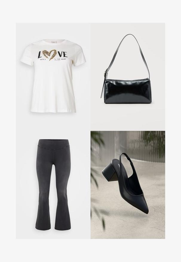 Hvid T-shirt med rund halsudskæring, prydet med "LOVE" i sort og et hjerte i leopardprint, accentueret med "with a wild heart" i kursiv.; ONLY Carmakoma Flared fit CARROYAL Mid waist - Flared jeans - washed black; Sort læder slingback hæl med spids tå og blokhæl. Glat tekstur, minimalistisk design og justerbar ankelrem.; Sort rektangulær skuldertaske med en enkelt justerbar rem og lynlås i toppen på en ensfarvet baggrund.
