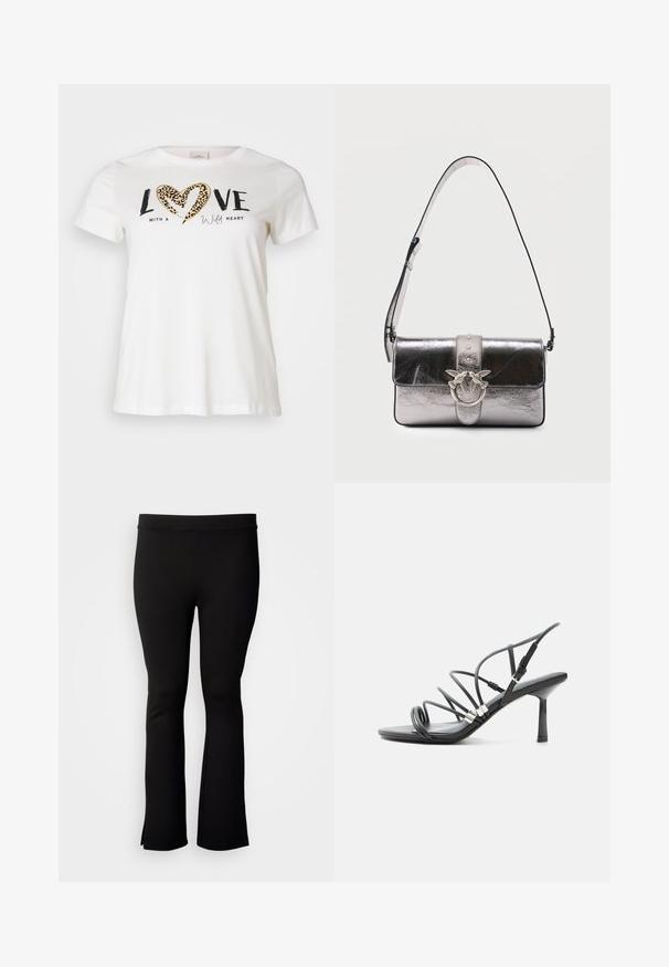 Hvid T-shirt med rund halsudskæring, prydet med "LOVE" i sort og et hjerte i leopardprint, accentueret med "with a wild heart" i kursiv.; Sorte vidde bukser lavet af strækstof med en glat tekstur. Har en bred linning og sideslidser ved kanten.; Sort højhælet sandal med tynde buede remme, sølv accenter og en justerbar ankelspænde på en hvid baggrund.; Metalisk sølv skuldertaske med justerbar strop, klaplukning og dekorativ sølvfarvet spænde med to fugle, der vender mod hinanden.