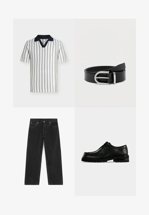 Polo en maille à manches courtes avec des rayures verticales noires et bleues sur fond blanc, doté d’un col uni bleu marine foncé et d’une encolure en V.; Jean denim noir à jambes droites avec poches avant et arrière, passants de ceinture et fermeture par bouton à la taille.; Chaussure en cuir noir à lacets avec semelle épaisse en caoutchouc et couture moc toe, vue de profil gauche sur fond clair uni.; Ceinture en cuir noir avec une texture lisse, dotée d'une boucle en métal argenté et d'une forme rectangulaire classique.