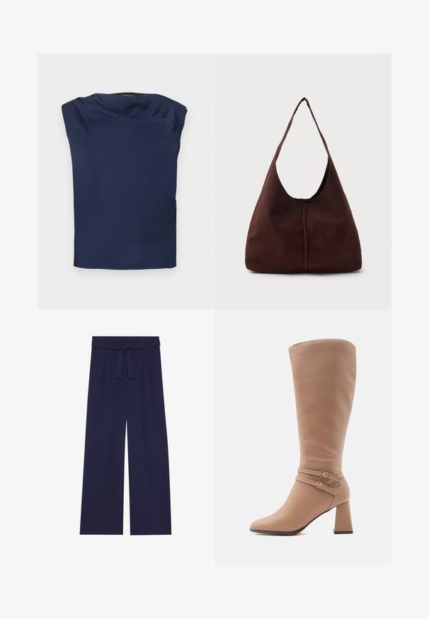 Blouse sans manches bleu marine avec un col drapé, tissu lisse et ourlet droit, présenté à plat sur un fond blanc.; Anna Field Pantalon classique - dark blue; Botte en cuir tan arrivant au genou avec un bout carré, deux sangles décoratives à boucle et un talon large pour plus de stabilité. Texture lisse.; Sac hobo en daim marron avec une grande ouverture courbée et une large bandoulière. Présente une couture centrée à l'avant. Texture lisse.