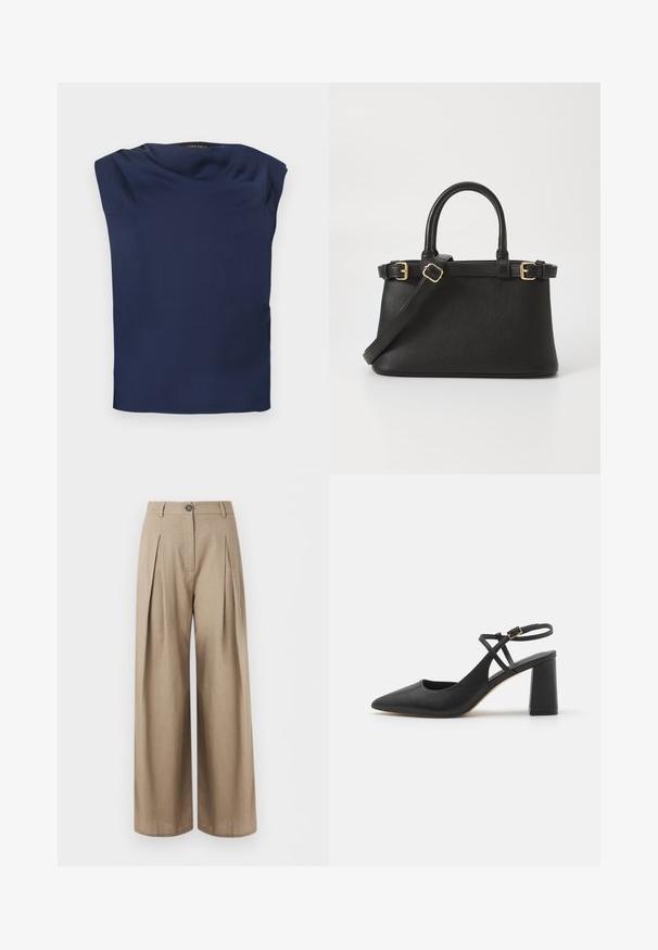 Blouse sans manches bleu marine avec un col drapé, tissu lisse et ourlet droit, présenté à plat sur un fond blanc.; Pantalon beige à jambes larges avec plis sur le devant, fermeture par boutons, passants pour ceinture et finition lisse du tissu, présenté sur fond blanc.; Talons slingback noirs à bout pointu avec une finition en cuir lisse, un talon bloc et une sangle de cheville réglable avec des accessoires en métal doré.; Call it Spring Sac à main - black
