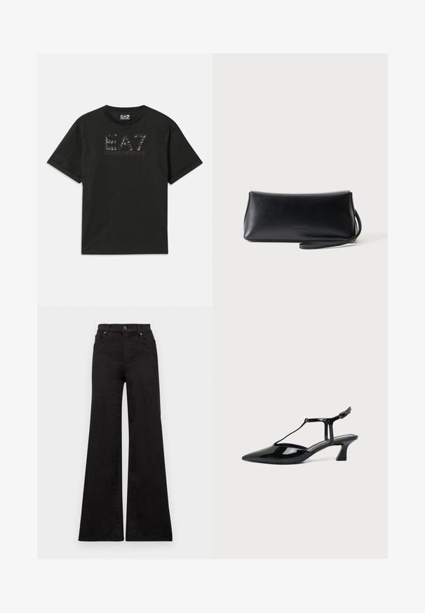 Camiseta de algodón negra con un diseño de logo texturado en lentejuelas con "EA7" y "EMPORIO ARMANI" impreso en gris en el frente. Manga corta.; Vaqueros acampanados negros de denim con cintura alta, que presentan bolsillos frontales y herrajes metálicos en el botón y los remaches.; Zapato slingback de cuero charol negro con punta fina, tira en T y tacón bajo en bloque inclinado sobre fondo blanco.; Bolso de mano de cuero negro liso con correa delgada para la muñeca, forma rectangular y logo sutil en relieve centrado en el frente.