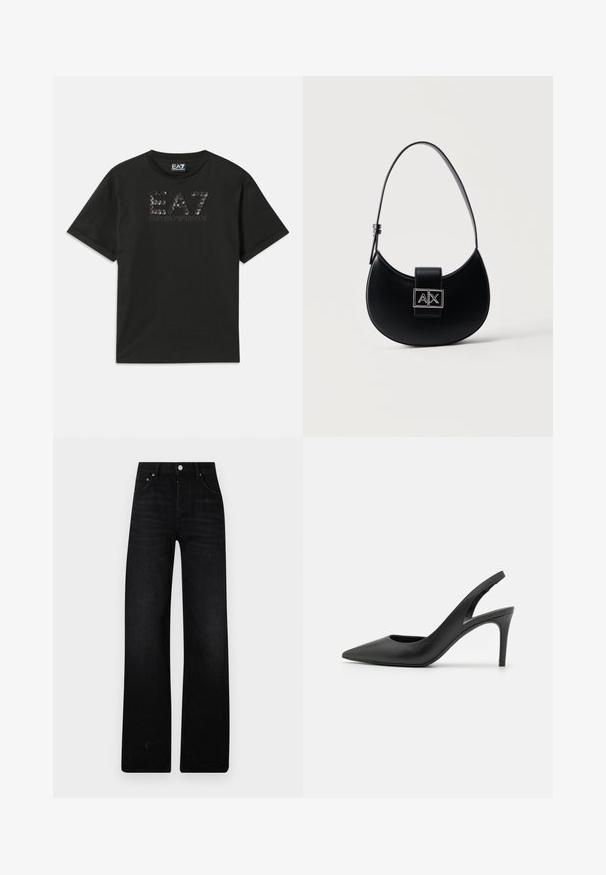 Camiseta de algodón negra con un diseño de logo texturado en lentejuelas con "EA7" y "EMPORIO ARMANI" impreso en gris en el frente. Manga corta.; Pantalones vaqueros anchos de color negro, confeccionados en denim. Presentan una cintura alta, dos bolsillos frontales y cierre con botón metálico. Acabado texturizado con un desvanecimiento mínimo.; Zapatos de tacón alto de cuero negro con diseño de punta afilada, que presentan un corte en la parte delantera y un delgado tacón de aguja.; Bolso negro en forma de media luna con una correa ajustable única y un broche con el logo A|X plateado en la solapa frontal.