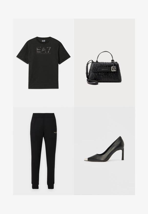 Sort bomulds T-shirt med et tekstureret logo design i pailletter, hvor "EA7" og "EMPORIO ARMANI" er trykt i grå på forsiden. Korte ærmer.; Sorte, tilspidsede sweatpants med elastisk talje og manchetter, med lille gyldent "Armani Exchange"-logo på højre lår.; Sort læder højhælet sko med spids tå og metal-sølv hætte. Har en glat finish og en slank hæl på 10 cm.; Sorte håndtaske lavet af struktureret materiale, med præget brandnavn, en topstrop og en aftagelig skulderrem med sølvhardware.