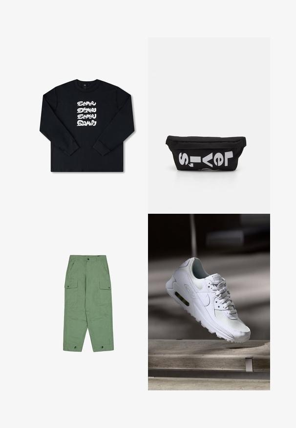 Sort sweatshirt med lange ærmer, der har et hvidt gentaget grafisk logo i stiliseret skrifttype på forsiden. Fremstillet af blødt stof.; Grøn cargo-bukser med afslappet pasform, to store sidelommer og justerbare ankelmanchetter. Fremstillet af tekstureret bomuldsstof.; Hvide Nike Air Max 90 sneakers med en overdel i mesh og læder, perforeret tåboks og en synlig luftenhed i hælen.; Sort stoftaske med flad form, prydet med fed hvid tekst. Lynlåsen er placeret øverst, med en løkke detalje på den ene side.