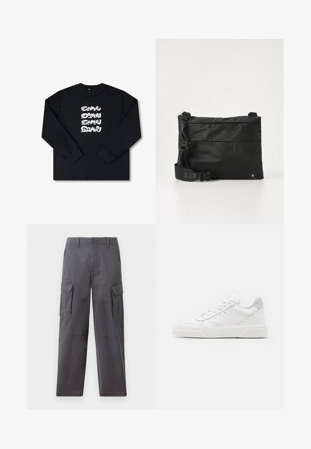 Sudadera negra de manga larga con un logo gráfico blanco repetido en letras estilizadas en la parte delantera. Fabricada con un tejido suave.; Hollister Co. SKATER BAGGY - Pantalones cargo - grey; Zapatillas de cuero blanca con un acabado suave, punta redondeada, cordones planos y una suela texturada. Acento de ante gris en el talón.; Bolso mensajero de nylon negro con correa ajustable, diseño plano y una etiqueta lateral con un logo. Textura suave y estilo minimalista.