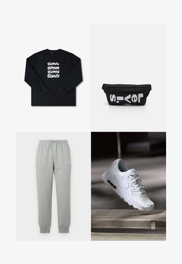Sudadera negra de manga larga con un logo gráfico blanco repetido en letras estilizadas en la parte delantera. Fabricada con un tejido suave.; Pantalones deportivos grises hechos de tela suave, con cintura elástica y cordón, piernas ajustadas y un pequeño logo blanco en el costado.; Zapatilla Nike Air Max 90 blanca con parte superior de malla y cuero, caja de puntera perforada y unidad de aire visible en el talón.; Bolsa de tela negra con forma plana, que presenta texto blanco en negrita. El cierre de cremallera se encuentra en la parte superior, con un detalle de asa en un lado.