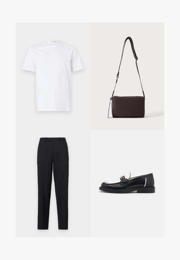 Weißes Baumwoll-T-Shirt mit rundem Ausschnitt und kurzen Ärmeln. Glatte Textur, gerader Schnitt und minimalistisches Design ohne Muster oder Akzente.; Theory STRAIGHT - Stoffhose - deep black; Schwarze Lederloafers mit runder Zehenpartie, weißen Akzenten und goldenen Beschlägen auf dem Vorderblatt. Verfügt über ein strukturiertes Patch und einen gestapelten Absatz.; Dunkelbraune, strukturierte Leder-Crossbody-Tasche mit verstellbarem Riemen und kleinem dekorativen blauen Akzent an der Seite.
