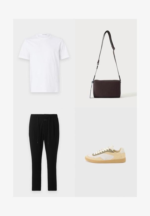Hvid bomulds t-shirt med rund halsudskæring og korte ærmer. Glat tekstur, lige snit og minimalistisk design uden mønstre eller accenter.; CLOSED VIGO TAPERED - Chino - dark night; Lav-top sneaker med beige ruskind, hvide meshpaneler, olivengrønne detaljer, hvide snørebånd og gummisål i karamelfarve på en lysegrå baggrund.; Mørkebrun textured læder crossbody taske med justerbar rem og lille dekorativ blå accent på siden.