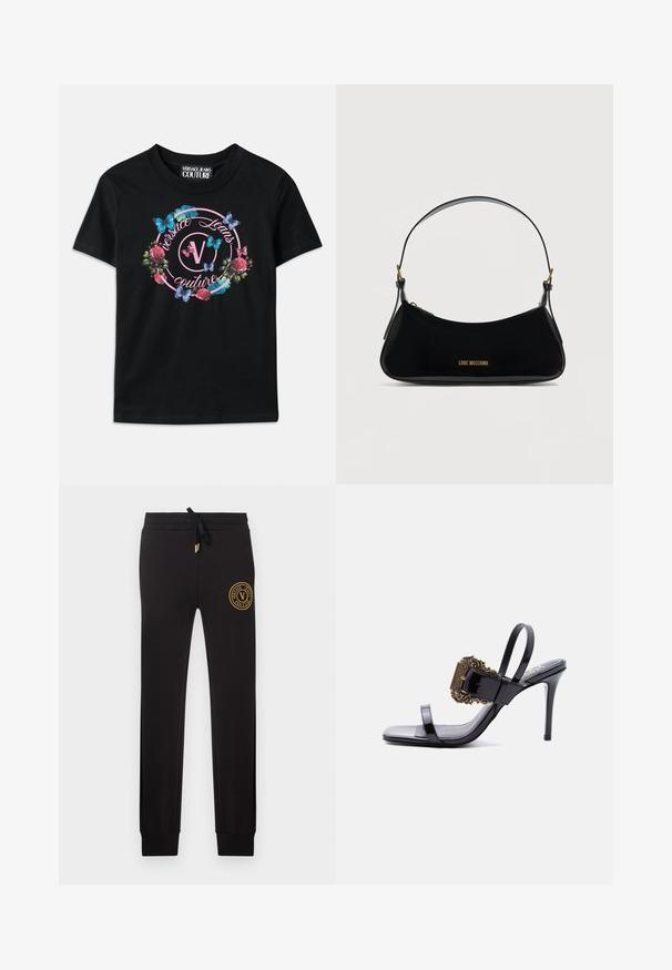 Musta T-paita, jossa on värikäs kukka- ja perhoskuvio, jossa on vaaleanpunaisia ja sinisiä vivahteita. "Versace Jeans Couture" on painettu pyöreässä muodossa.; Mustat kapealahkeiset verkkarit, joissa nyöri vyötäröllä ja kultainen Versace Jeans Couture -logoplaatti vasemmassa yläreiden kohdassa.; Musta kiiltävää nahkaa oleva korkokengät, joissa on ohuet hihnat ja suuri koristeltu kultainen solki etuhihnassa.; Mustasta kiiltävästä nahasta valmistettu olkalaukku, jossa on kaareva muoto, edessä kultainen "LOVE MOSCHINO" -logo ja säädettävä hihna kultaisilla metalliosilla.