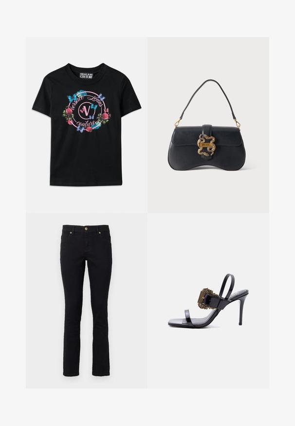 Zwarte T-shirt met een kleurrafloraal en vlinderontwerp, met roze en blauwe accenten. "Versace Jeans Couture" gedrukt in een cirkelontwerp.; Zwarte denim jeans met een rechte snit, vijf-pocket ontwerp, knoopsluiting en gouden hardware accenten. Zachte textuur met minimale details.; Zwarte sandaal met hoge hak van lakleer, met dunne bandjes en een grote, sierlijke gouden gesp op het voorste bandje.; Zwarte leren handtas met een gebogen vorm, een enkele handgreep en een gouden slangenvormige gesp met label "Just Cavalli" op een effen achtergrond.