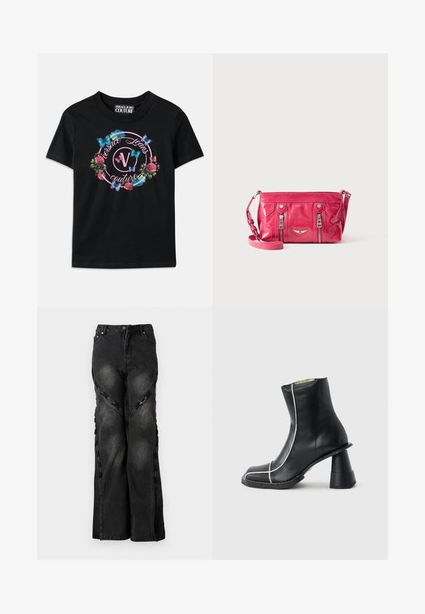 Must musträtik featuring colorful lillede ja liblikate graafika, roosa ja sinise aktsendiga. "Versace Jeans Couture" trükitud ringikujulises disainis.; Mustad teksapüksid laia sääre lõikega, mis on varustatud ketielementidega külgõmblustes ja nööpide ning tõmbluku sulgemisega vöökoht. ; Mustast nahast pahkluu pikkune saabas valgete õmblustega, ruudukujulise esiküljega ja ainulaadse laiendatud kandega, esitatud küljelt halli tausta peal.; Väike läikiv roosa ristihoidja kott kahe vertikaalse tõmblukuga tasku ja reguleeritava rihmaga, näidatud ühevärvilise taustaga.