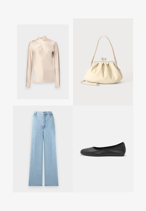 Rabanne Langarmshirt - skin nude; Hellblaue weit geschnittene Jeans aus Denim mit hoher Taille, ausgestattet mit fünf Gürtelschlaufen, einem vorderen Knopfverschluss und gesteppte Nähte.; Schwarze Leder-Ballettschuhe mit abgerundeter Spitze, glatter Textur, minimalen Nähdetails und einem flexiblen Sohlen-Design.; Cremafarbene weiche Lederhandtasche mit gerafftem Design, silbernem Rahmenschloss, kurzem Griff und abnehmbarem Kettenriemen.