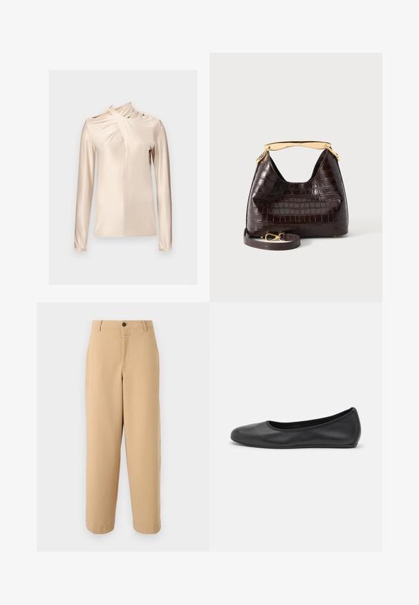 Rabanne Top s dlhým rukávom - skin nude; CLOSED WRENNA - Nohavice - urban beige; Čierne kožené baleríny s okrúhlou špičkou, hladkým povrchom, minimálnym prešívaním a flexibilným dizajnom podrážky.; Tmavohnedá kabelka s krokodílou textúrou, zakrivenou zlatou rúčkou a odnímateľným zodpovedajúcim remienkom so zlatou sponou, zobrazená na bielom pozadí.