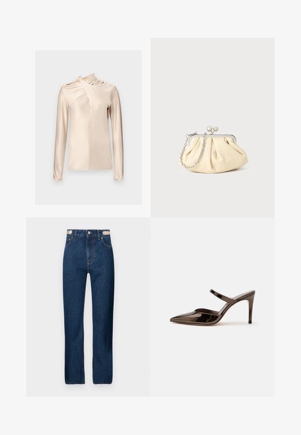 Rabanne Langarmshirt - skin nude; Rabanne Jeans Straight Leg - dark blue denim; Glänzender dunkelbrauner Mule mit spitzer Spitze und hohem Absatz mit schmalem Riemen über dem Spann vor weißem, einfachem Hintergrund.; Faltige beigefarbene Ledertasche mit einem silbernen Metallrahmen, ausgestattet mit zwei runden dekorativen Verschlüssen und einem silbernen Kettenriemen.