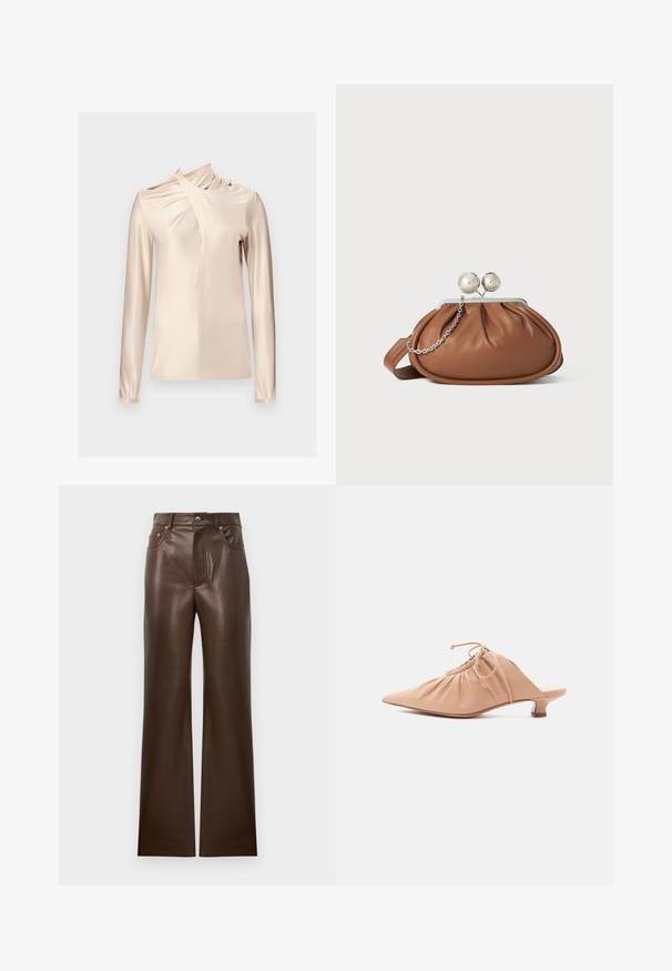 Rabanne Langarmshirt - skin nude; Braune Leder-Schlaghosen mit glatter Textur, Fünf-Taschen-Design, Reißverschluss vorne und metallisch glänzendem Knopfverschluss, mit hoher Taille.; Beige Leder-Pantolette für Damen mit spitzer Kappe, gerafftem Obermaterial, Kordelzug und niedrigem Kitten-Heel auf weißem Hintergrund.; Braune Leder-Clutch mit silbernem Kugelverschluss und einem kleinen silbernen Kettendetail auf weißem Hintergrund.