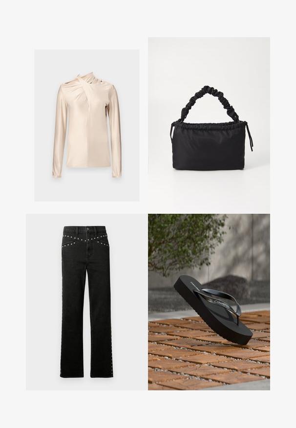Rabanne Langarmshirt - skin nude; Schwarze Denim-Jeans mit geradem Bein, verziert mit silbernen Nieten entlang der Taille und den Seiten. Der Stoff hat eine glatte Textur und eine klassische Passform.; Schwarze Calvin Klein Plateau-Zehentrenner mit glänzenden Riemen, die auf einem Holzfliesen- und Kieselsteinboden im Freien neben einem grünen Busch liegen.; Schwarze Tasche aus weichem, glattem Stoff. Verfügt über einen gerafften Griff und einen Kordelzugverschluss, hat eine rechteckige Form und keine sichtbaren Beschläge.