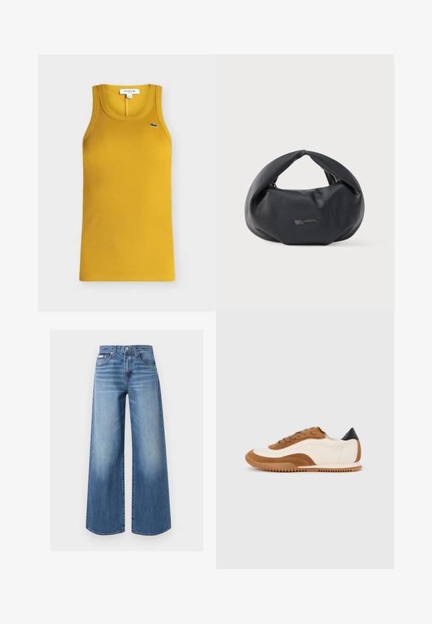 Débardeur côtelé jaune moutarde sans manches avec col rond et petit logo crocodile brodé en vert et blanc sur la poitrine.; Jean en denim bleu à jambes larges avec bouton et fermeture éclair sur le devant, style cinq poches et détails légèrement délavés sur les cuisses et les genoux.; Baskets avec une tige en cuir crème, des accents en suède marron, des lacets marron et un contrefort de talon noir. Dotées d'une semelle en caoutchouc texturée.; Sac hobo en cuir souple noir avec une anse froncée et un logo argenté "Karl Lagerfeld Jeans" sur le devant, présenté sur un fond uni.
