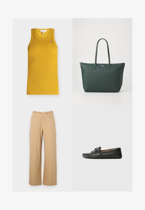 Débardeur côtelé jaune moutarde sans manches avec col rond et petit logo crocodile brodé en vert et blanc sur la poitrine.; Pantalon beige à fines rayures avec taille élastique, passants pour ceinture, fermeture à boutons et coupe droite.; Bateau en cuir noir avec un bout arrondi, des détails de couture, un petit accent en nœud et une semelle en caoutchouc. Texture lisse et design épuré.; Sac fourre-tout vert foncé en matériau texturé avec deux longues poignées, comportant un petit logo à l'avant et une fermeture éclair.