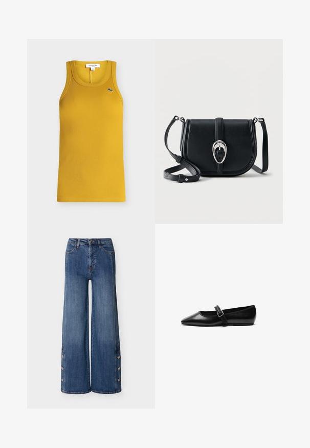 Débardeur côtelé jaune moutarde sans manches avec col rond et petit logo crocodile brodé en vert et blanc sur la poitrine.; Jean bleu taille haute à jambes larges, avec braguette à boutons et boutons-pression le long des côtés extérieurs des jambes, présenté sur un fond uni.; Chaussure noire plate en cuir avec un bout pointu, bride réglable avec une boucle en métal, texture lisse et design minimaliste.; Sac bandoulière en cuir noir à finition texturée, avec boucle ovale argentée et sangle réglable sur fond blanc.