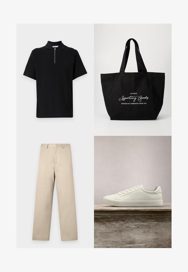 Polo noir à manches courtes en tissu doux, avec un col zippé et un design épuré et minimaliste sans motifs supplémentaires.; Pantalon beige avec une coupe droite, taille plate, deux poches latérales et une fermeture éclair. Fabriqué en tissu coton doux.; Sneaker en dentelle blanche flottant au-dessus d'un banc en bois avec un feuillage vert en arrière-plan, mettant en valeur le design et la texture de la chaussure.; Sac tote en toile noir avec deux poignées robustes. Présente un texte blanc : "LES DEUX Sporting Goods" et "Inspiré par la communauté depuis 2011."