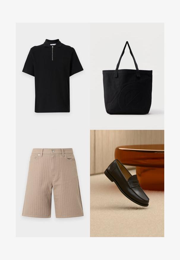 Polo negro de manga corta hecho de tela suave, con cuello con cremallera y un diseño limpio y minimalista sin patrones adicionales.; Pantalones cortos beige hechos de tela texturizada con rayas verticales, una cinturilla con un botón frontal y bolsillos laterales.; Zapato mocasín de cuero negro suspendido sobre una alfombra beige con muebles modernos de color ámbar en el fondo.; Bolsa tote de lona negra con dos correas para el hombro y un diseño circular en relieve sutil en el frente.