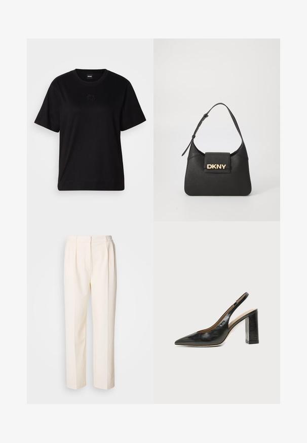 Zwarte katoenen t-shirt met een ronde hals, korte mouwen en een geborduurd logo op de borst. Eenvoudige, comfortabele pasvorm zonder patronen.; Lacoste Broek - lapland; Zwarte leren slingback schoen met spits toelopend neusje, hoge blokhak en beige binnenvoering tegen een effen lichte achtergrond.; Zwarte lederen schoudertas met een gestructureerde vorm, voorzien van een gouden "DKNY" logo op de voorkant en een korte, verstelbare schouderriem.