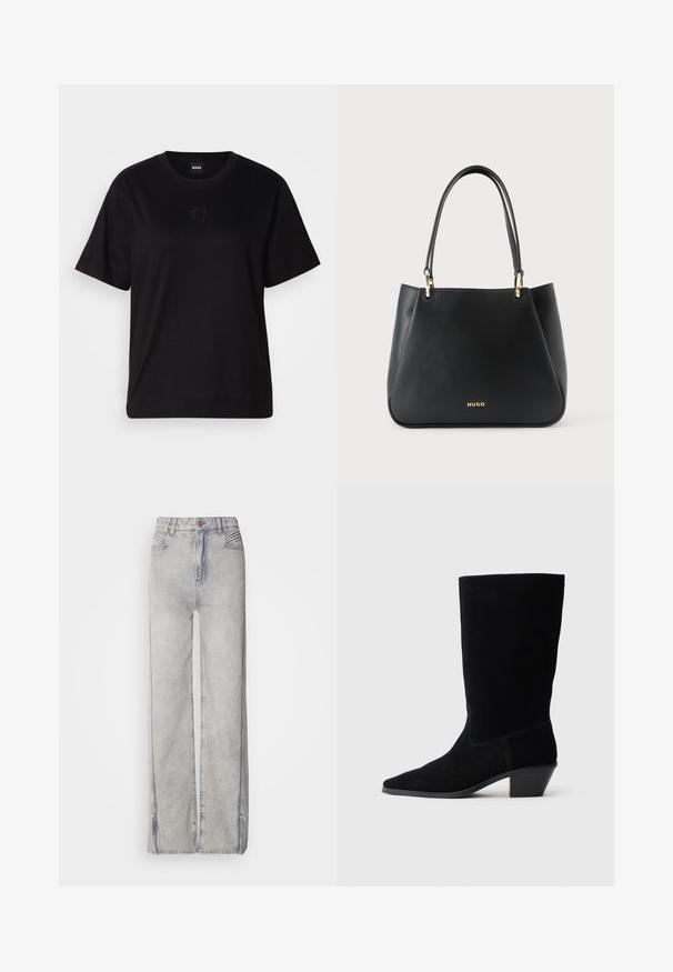 Schwarzes Baumwoll-T-Shirt mit Rundhalsausschnitt, kurzen Ärmeln und aufgesticktem Logo auf der Brust. Einfacher, lässiger Schnitt ohne Muster.; Helle blaue Jeans mit weitem Bein aus Denim mit verblasster Waschung, ausgestattet mit einem Reißverschluss, fünf Taschen und Kontrastnähten.; Schwarze Wildleder Stiefelette mit spitzer Zehe, mittelhohem Schaft und einem chunky Absatz. Verfügt über minimale Nähte und eine glatte Textur.; Schwarze Ledertasche mit zwei Griffen, goldfarbenen Beschlägen und "HUGO"-Logo mittig vorne vor einem einfarbigen hellen Hintergrund.