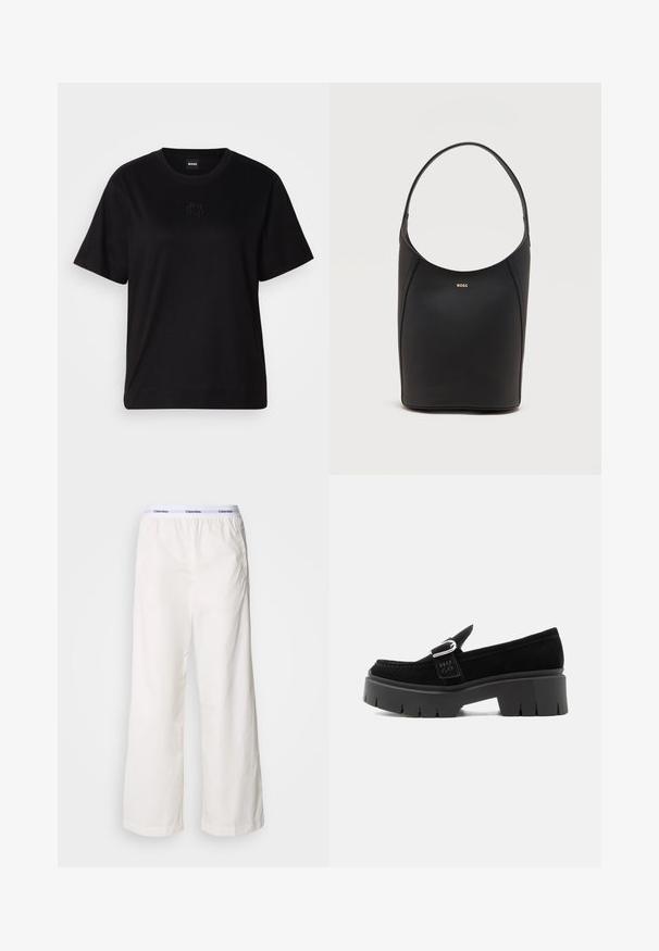 Zwarte katoenen t-shirt met een ronde hals, korte mouwen en een geborduurd logo op de borst. Eenvoudige, comfortabele pasvorm zonder patronen.; Witte wijde broek met een elastische tailleband met een contrasterend Calvin Klein-logo. Gemaakt van gladde stof, bieden ze een ontspannen fit.; Zwarte suède loafer met stevige profielzool, zilveren gespsluiting en geperst "HUGO" op de zijriem, weergegeven vanaf de buitenkant.; Zwarte leren emmerhandtas met enkele schouderband en klein gouden BOSS-logo centraal geplaatst nabij de bovenkant aan de voorkant.