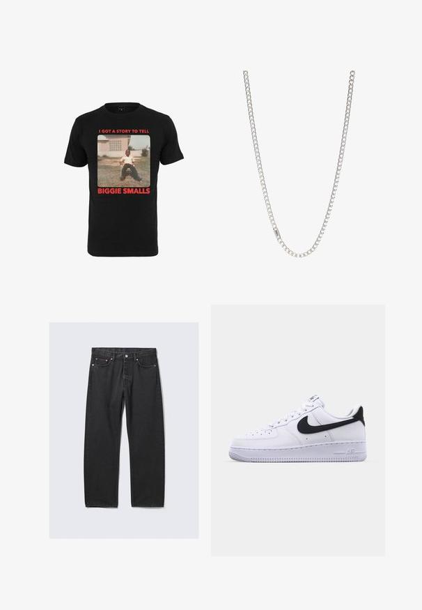Sort bomulds T-shirt med et vintage billede og rød tekst, der står "I GOT A STORY TO TELL BIGGIE SMALLS" under billedet.; Sorte jeans med lige ben, fem lommer og knaplukning i taljen, lagt fladt på en lys baggrund.; Hvide lædersneakers med en struktureret sort Swoosh, flade snørebånd og en gummisål med et rillemønster. "AIR" er præget på hælen.; Sølv kædedesign med sammenkoblede led, glat tekstur og ensartet rektangulær form. Sikker lukning.
