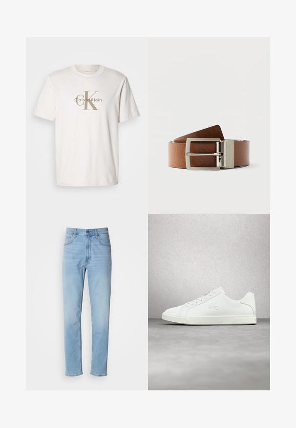Valkoinen lyhythihainen puuvillat-paita, jossa on beige "cK Calvin Klein" -logo tulostettuna rinnan kohdalle, pyöreä kaula-aukko ja rento istuvuus.; Vaaleansiniset farkut suoran istuvuuden, viiden taskun ja vyölenkkien kanssa. Kangas on sileä ja siinä on kevyt haalistumisen efekti.; Valkoinen nahkainen tennari, jossa sileä pinta, nauhakiinnitys, logotunnus sivulla ja kontrastivärinen valkoinen kumipohja.; Ruskea nahkavyö kuvioidulla tekstuurilla ja kiiltävällä hopeisella metallisoljella, jossa on suorakulmainen muoto ja kohokuvioitu logoyksityiskohta.