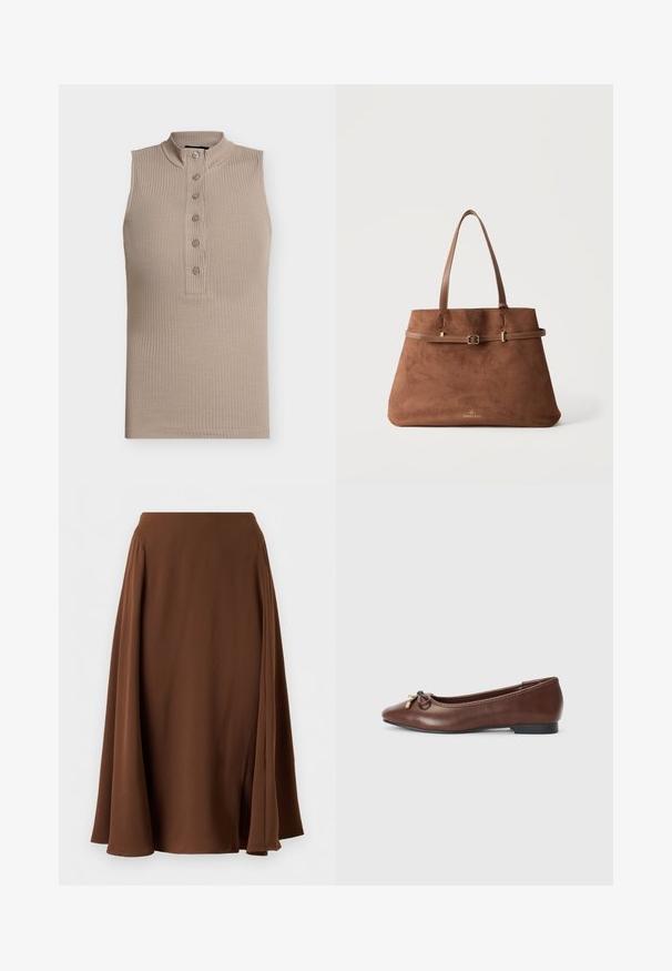 Haut sans manches beige avec un col montant, texture côtelée et une patte de boutonnage à six boutons sur le devant. Design simple et coupe ajustée.; Jupe marron longueur genou avec une silhouette trapèze et de subtils plis latéraux, confectionnée dans un tissu lisse et fluide.; Ballerines en cuir marron avec un bout rond, un petit talon noir et un nœud décoratif avec des accents dorés à l'avant. Texture lisse.; Sac cabas en daim marron avec deux bretelles et un détail de ceinture fine ajustable sur le haut devant, petit logo doré Anna Field en bas.