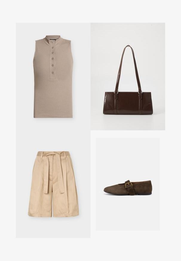 Haut sans manches beige avec un col montant, texture côtelée et une patte de boutonnage à six boutons sur le devant. Design simple et coupe ajustée.; Short beige taille haute avec passants pour ceinture, ceinture en tissu à nouer et jambes larges, présenté sur un fond uni.; Chaussure plate en daim marron avec une large bride et une boucle dorée, bout arrondi et semelle noire basse, vue de profil sur fond blanc.; Sac à main en cuir verni marron de forme rectangulaire, avec deux longues poignées et des accents courbés subtils à l'avant.