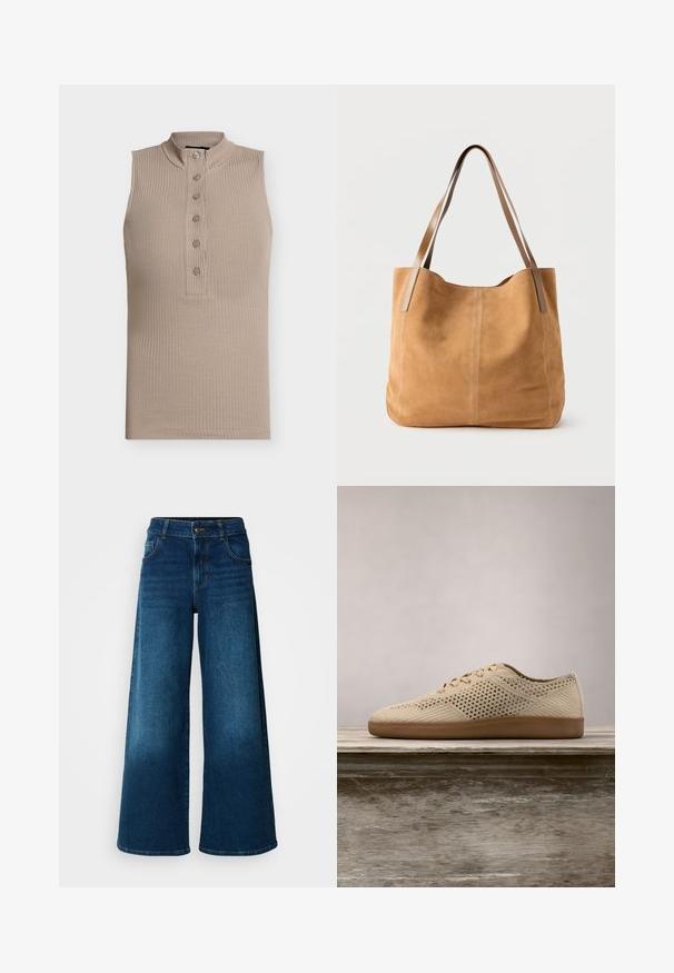 Haut sans manches beige avec un col montant, texture côtelée et une patte de boutonnage à six boutons sur le devant. Design simple et coupe ajustée.; Jean large en denim bleu foncé. Doté d'une taille haute, d'une fermeture à bouton et d'un design classique à cinq poches avec une légère décoloration.; Baskets perforées beiges avec bout arrondi, design à lacets, tige en tissu texturé et semelle en caoutchouc marron. Présente de petits trous de ventilation tout au long.; Sac fourre-tout en daim beige avec de longues anses en cuir marron clair, texture douce et couture simple sur un fond blanc uni.