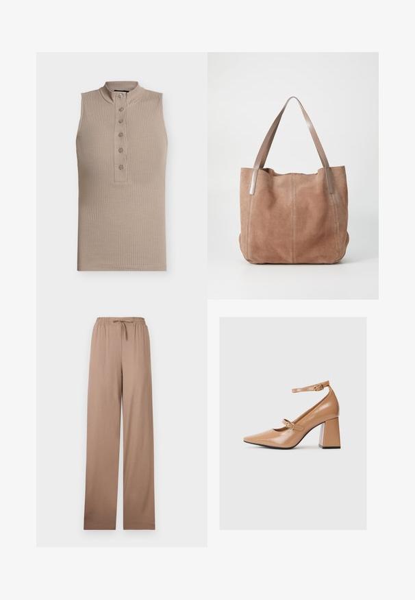 Haut sans manches beige avec un col montant, texture côtelée et une patte de boutonnage à six boutons sur le devant. Design simple et coupe ajustée.; Pantalon beige à jambe large avec taille élastique et cordon de serrage, en tissu léger, présenté à plat sur fond blanc.; Chaussures à talons hauts en cuir verni beige avec un bout pointu, une bride de cheville et un talon carré épais. Texture lisse avec une finition brillante.; Anna Field by Zalando LEATHER - Cabas - taupe