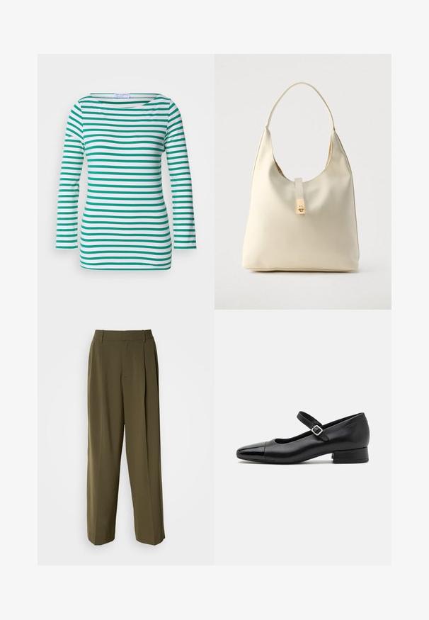 Top de manga larga a rayas en blanco y verde, con rayas horizontales, escote barco y un diseño ajustado. Textura de tejido suave.; Pantalones de pierna ancha verde oliva, confeccionados con una tela suave, que cuentan con una cintura alta, pliegues en la parte delantera y bolsillos laterales para mayor funcionalidad.; Zapatos Mary Jane de cuero negro con puntera de charol, correa de tobillo ajustable y tacón bajo. Textura suave y diseño elegante.; Bolso hobo de cuero color crema con una sola correa para el hombro, textura suave y detalle de cierre metálico dorado en el frente.
