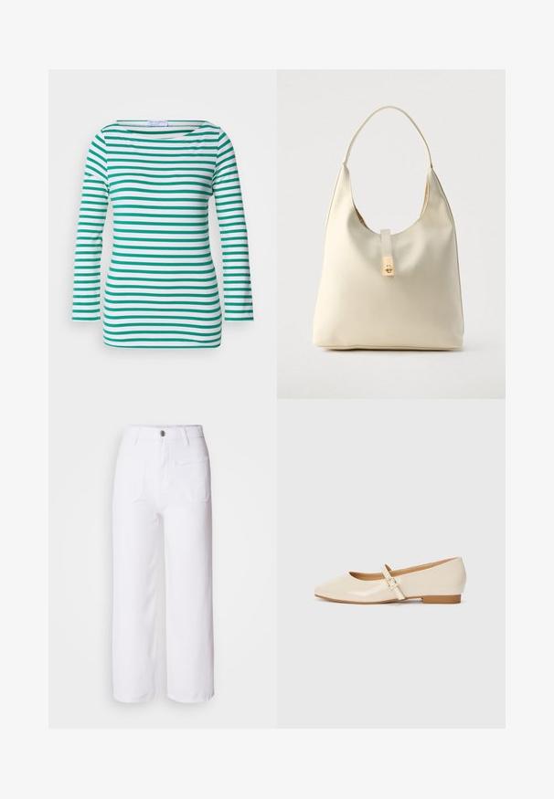 Top de manga larga a rayas en blanco y verde, con rayas horizontales, escote barco y un diseño ajustado. Textura de tejido suave.; Pantalones de mezclilla anchos de color blanco con cierre de botón, trabillas para cinturón, dos bolsillos frontales y un bolsillo trasero. Tejido duradero y texturizado.; Bailarinas de charol beige con punta cuadrada, tacón pequeño y una correa ajustable en el tobillo con un acento de hebilla dorada.; Bolso hobo de cuero color crema con una sola correa para el hombro, textura suave y detalle de cierre metálico dorado en el frente.