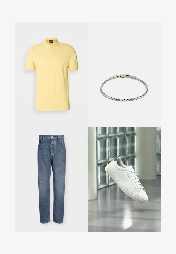 Gelbes Poloshirt aus Baumwollmischung, mit einer dreiknopfigen Blende und einem kleinen Logo-Patch auf der linken Brust. Kurze Ärmel.; Gerade geschnittene blaue Jeans aus Denim mit hoher Taille, Frontknopfverschluss und Fünf-Taschen-Design auf einem schlichten hellen Hintergrund.; Weißer Leder-Low-Top-Sneaker mit Schnürsenkeln, schwarzer Fersenschlaufe und „BOSS“-Logo, der drinnen nahe einer Glassteinwand und einem polierten Boden schwebt.; Silbernes Metallarmband mit einem verlinkten Design, das einen Verschluss mit dem "BOSS"-Logo aufweist. Glatte Textur und minimalistischer Stil.