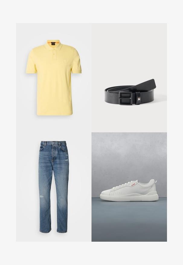 Gul polo skjorte lavet af en bomuldsblanding, med en tre-knap lukning og et lille logo på venstre bryst. Korte ærmer.; Lyseblå denim jeans med lige ben-design, der har en knap- og lynlåslukning, fem lommer og slidte detaljer ved knæet.; Hvide sneakers med en glat læderfinish, rund tå, fire snørehuller, subtile perforeringer og en rød logo detalje på siden.; Sort læderbælte med mat sort metalspænde, let rullet med remmenes ende hvilende på en hvid overflade.
