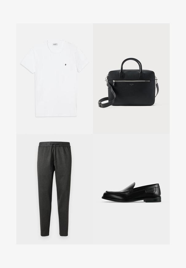 Camiseta blanca de algodón con cuello redondo y mangas cortas. Presenta un pequeño logo negro con una "D" en la parte izquierda del pecho.; Pantalones jogger de color gris oscuro, confeccionados en tejido texturizado, con una cintura elástica y cordón ajustable. Diseño de pierna cónica y sin bolsillos.; Mocasín negro de cuero tipo slip-on con tacón bajo, punta redondeada y costura decorativa a lo largo del borde superior.; Maletín rectangular de cuero negro con textura, con doble asa, bolsillo frontal con cremallera y correa de hombro ajustable, mostrado sobre fondo blanco.