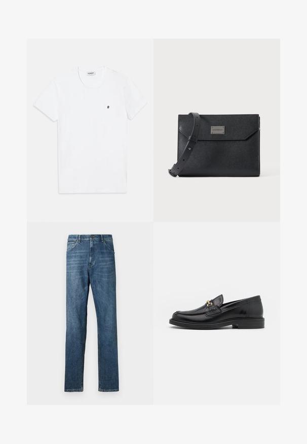Camiseta blanca de algodón con cuello redondo y mangas cortas. Presenta un pequeño logo negro con una "D" en la parte izquierda del pecho.; Jeans de mezclilla azul oscuro, diseño de pierna recta, estilo de cinco bolsillos, costura visible y cierre clásico de botón. Ligera efecto de lavado en la tela.; Mocasines de cuero negro con punta redondeada, que cuentan con un detalle de herrajes dorados y costuras, situados sobre una suela de goma texturizada y baja.; Bolso bandolera de cuero negro texturizado con correa ajustable y placa metálica con logo en el frente, cierre de solapa rectangular estilo sobre.