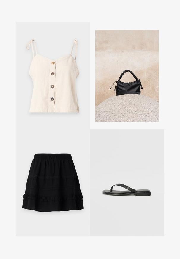 Camisole en lin beige clair avec des bretelles réglables, comportant cinq boutons en bois sur le devant et un design ample.; Jupe en coton noir avec un design à volants superposés, dotée d'une taille élastique et d'ornements en couture contrastée et en bandes de dentelle.; Tongs noires en cuir lisse, avec un design de sangle fine et une semelle plate à profil minimal. Aucun motif ou accent notables.; Sac à main noir froncé avec une poignée froncée, posé sur une sphère en pierre texturée devant un mur en béton beige.