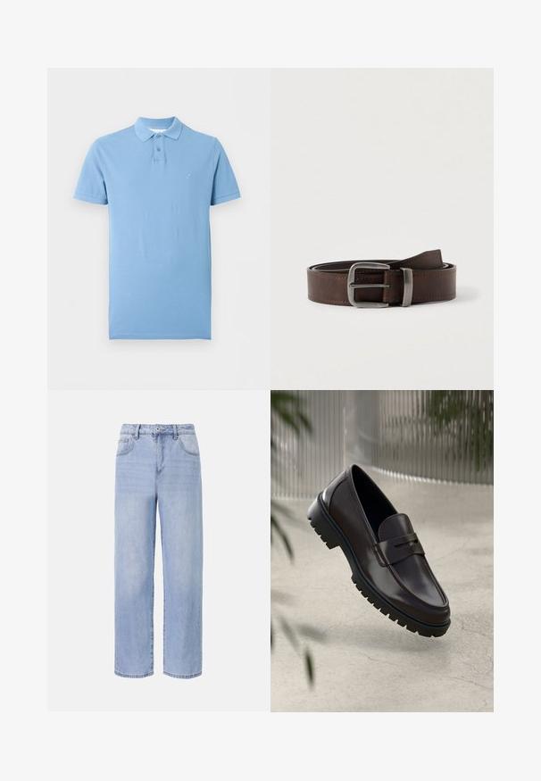 Polo bleu clair à manches courtes avec une patte à deux boutons et un petit logo brodé sur la poitrine gauche.; Jean en denim bleu clair avec une coupe décontractée et des jambes larges. Les caractéristiques incluent cinq poches, une fermeture à bouton à l'avant et une décoloration subtile.; Mocassins en cuir marron avec une semelle en caoutchouc texturée et striée. Présente un design épuré et une sangle décorative sur le cou-de-pied.; Ceinture en cuir marron foncé avec une boucle rectangulaire en argent, enroulée et placée sur un fond clair et neutre.
