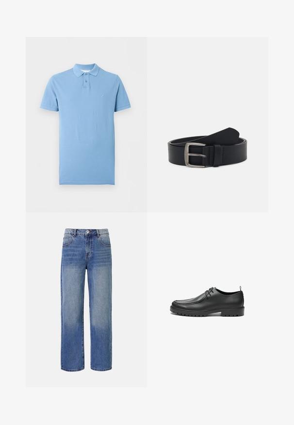 Polo bleu clair à manches courtes avec une patte à deux boutons et un petit logo brodé sur la poitrine gauche.; Jeans en denim bleu clair à jambes larges avec un motif délavé, cinq poches et une fermeture à glissière. Comprend un bouton et des passants de ceinture à la taille.; Chaussures en cuir noir avec une finition lisse, bout arrondi et coutures décoratives. Elles possèdent une semelle en caoutchouc avec des rainures de traction et un laçage.; Ceinture en cuir noir avec une boucle en métal argenté, présentant une finition lisse et un design classique. La ceinture est enroulée avec l'extrémité pointée.